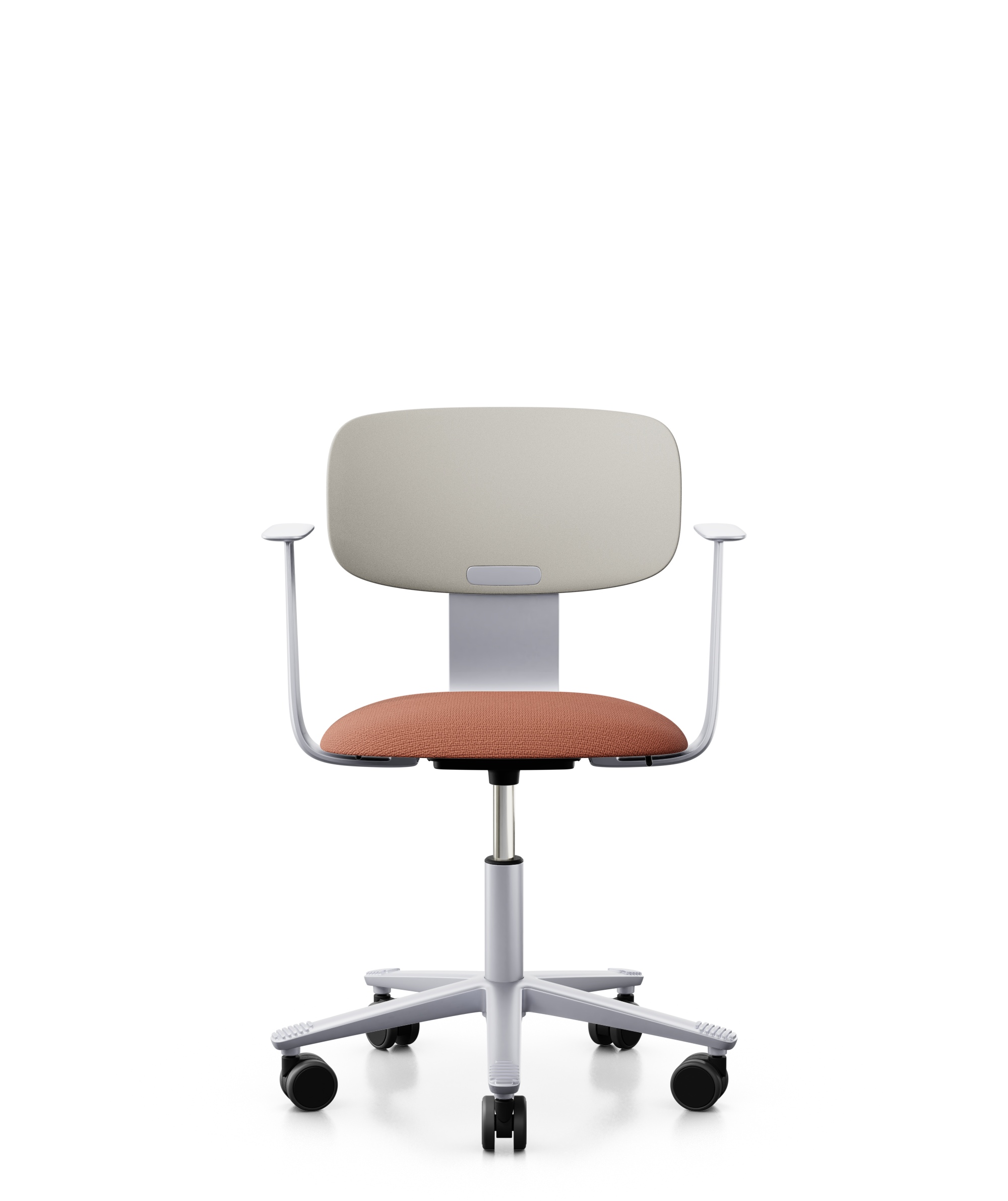 Arbeitsstuhl-Tion-Sitz-gepolstert-hellgrau-alufarben-ziegelrot-bmsofort-1 Homeofficestuhl Tion Sitz gepolstert